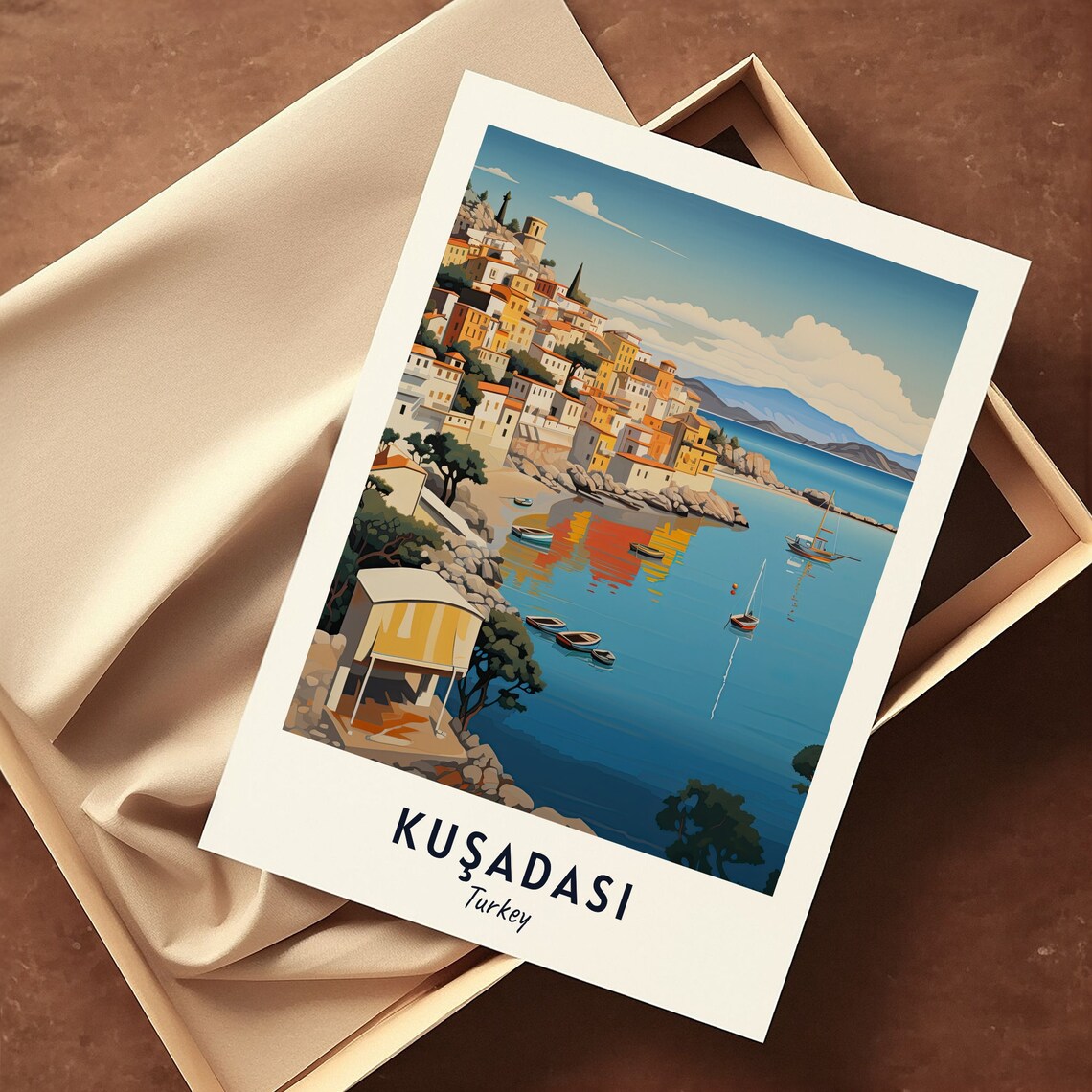 Kusadasi Turkey Harbor At Sunset Fishing Boats And Hillside Town Poster - Image 3