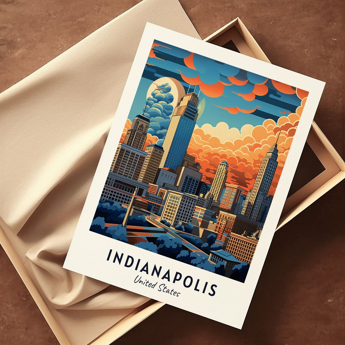 Indianapolis Downtown Skyline Dramatic Sunset Clouds Travel Poster - Image 3