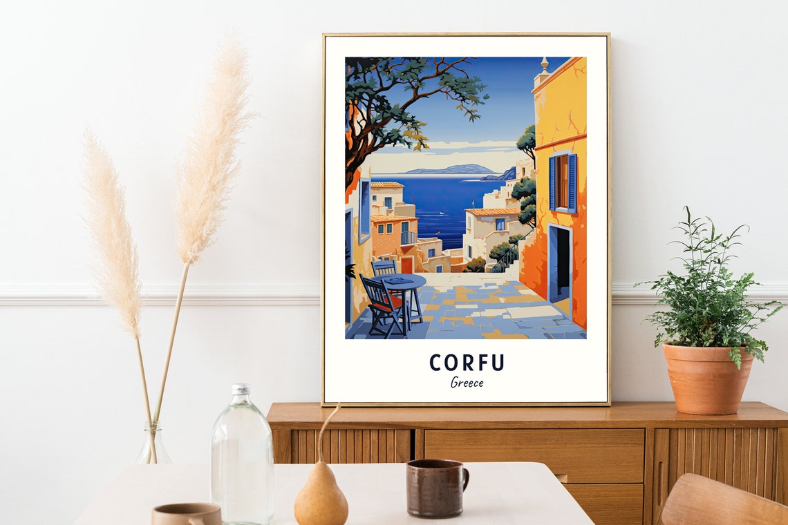 Corfu Greece Terrace Cafe Table Sea Overlook Village Travel Poster - Image 2