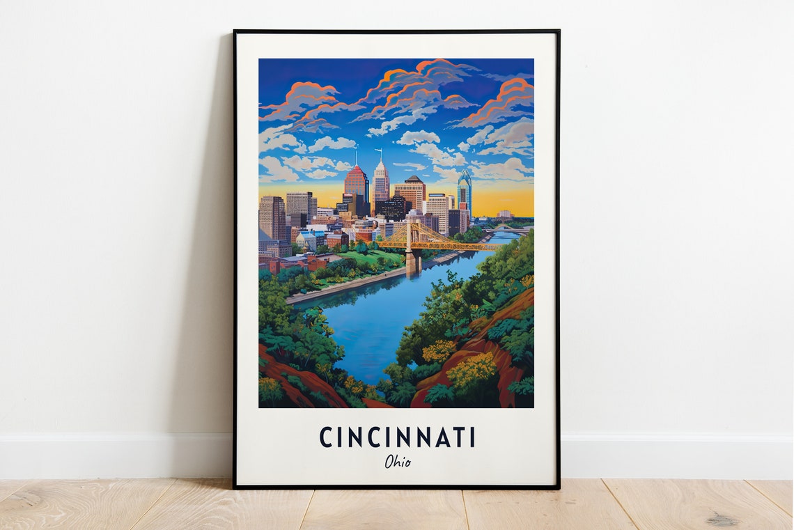 Cincinnati Skyline and Bridge Over the River at Sunset Ohio Poster