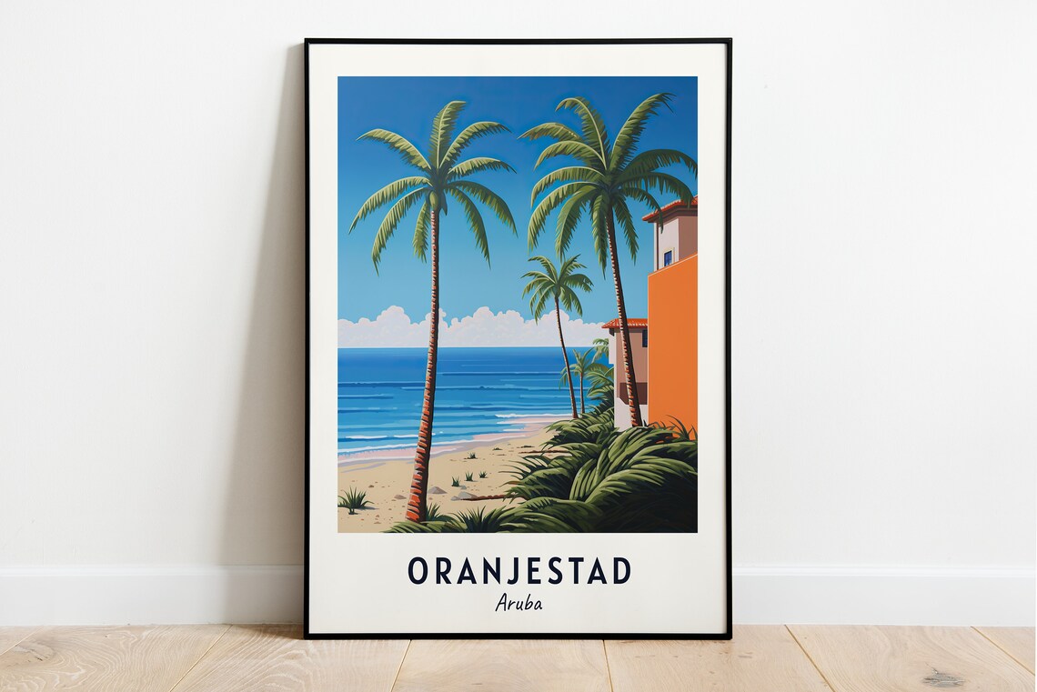 Oranjestad Aruba Palm Beach Orange Villa Caribbean Travel Poster