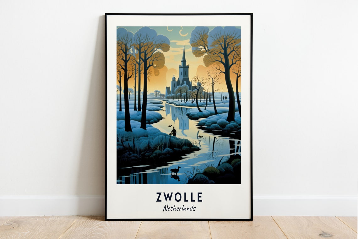 Zwolle Netherlands Winter Canal Church Tower Sunset Travel Poster