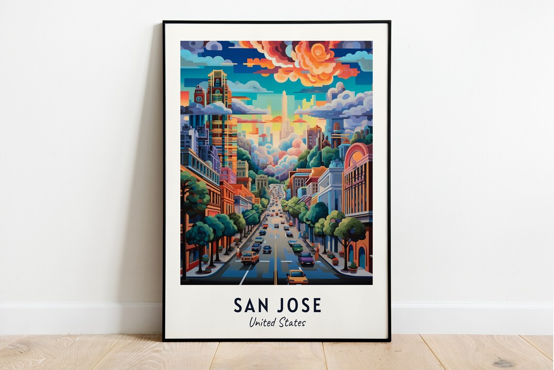San Jose USA Downtown Street Sunset Skyline Travel Poster Home Decor