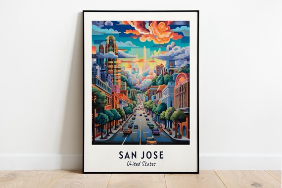 San Jose USA Downtown Street Sunset Skyline Travel Poster Home Decor