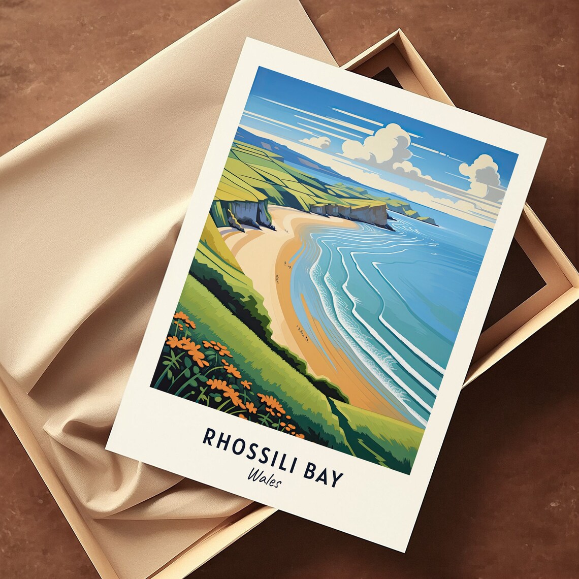 Rhossili Bay Wales Beach Cliffs Wildflowers Coast Travel Poster - Image 3