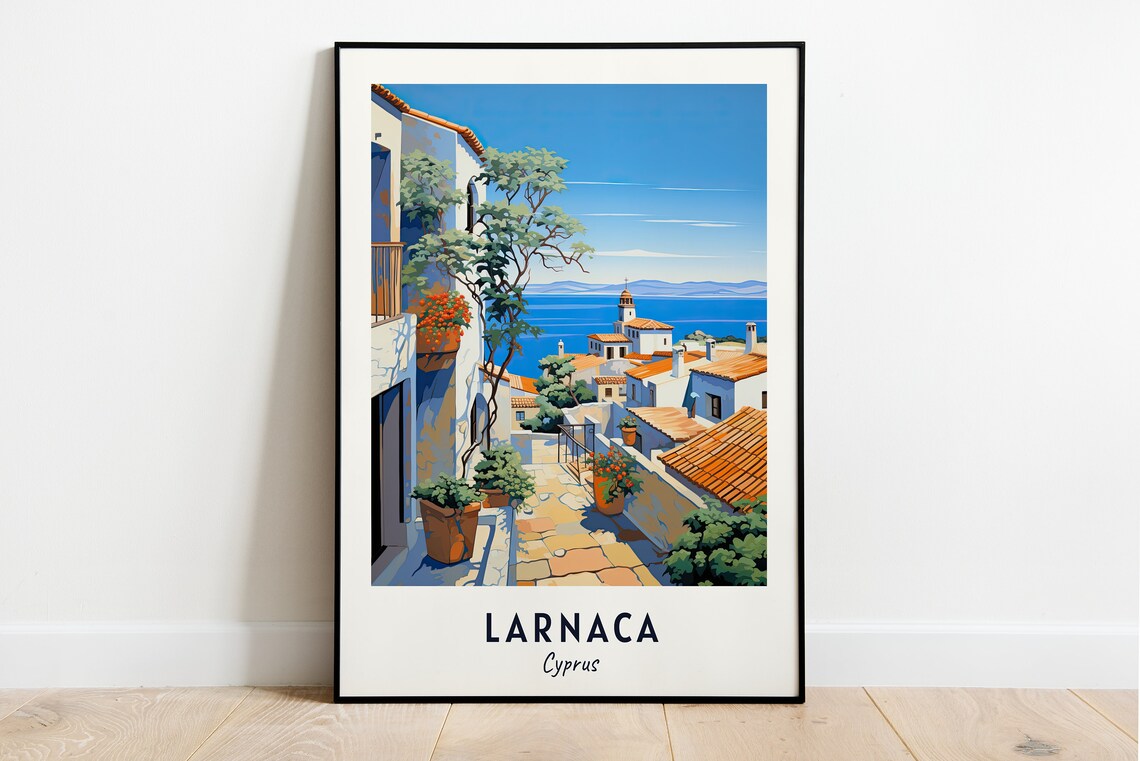 Larnaca Cyprus White Village Lane Sea View Minimalist Travel Poster