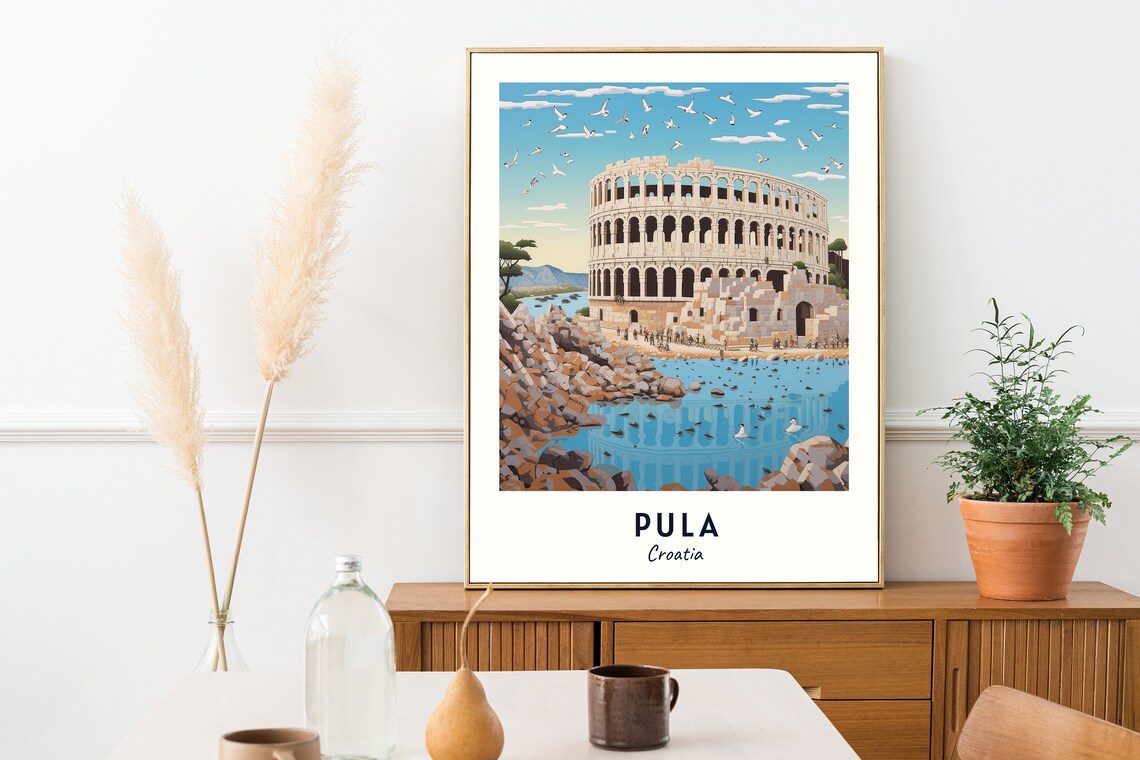 Pula Croatia Roman Amphitheater Arena By The Sea Seagulls Travel Poster - Image 2