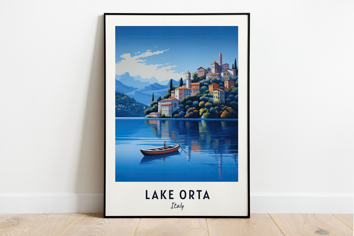 Lake Orta Italy Hillside Town Rowboat Serene Water Travel Poster