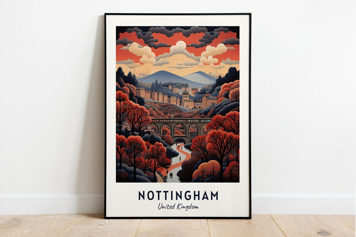Nottingham Autumn Viaduct Rustic Red Forest Path Travel Poster