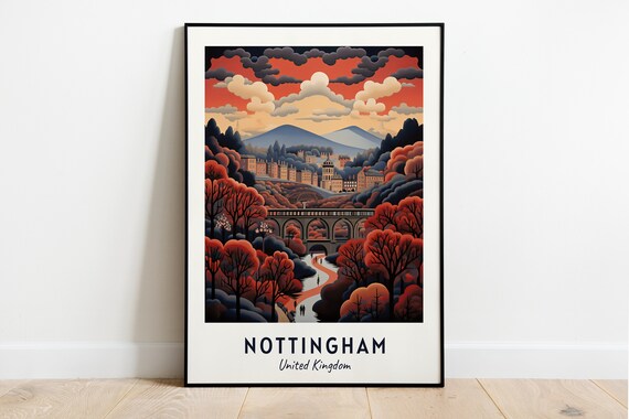 Nottingham Autumn Viaduct Rustic Red Forest Path Travel Poster