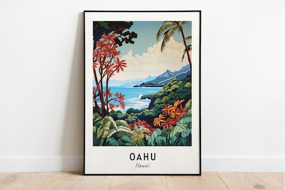 Oahu Tropical Coast Red Flowering Trees Lush Hawaii Travel Poster