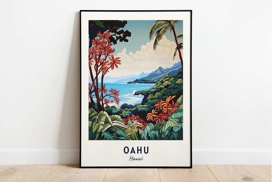 Oahu Tropical Coast Red Flowering Trees Lush Hawaii Travel Poster
