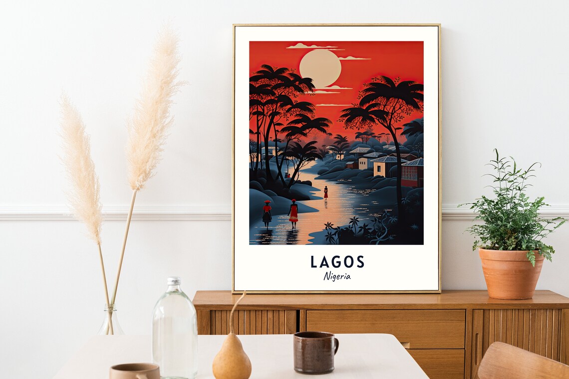 Lagos Nigeria Red Sunset River Village Minimalist Travel Poster - Image 2