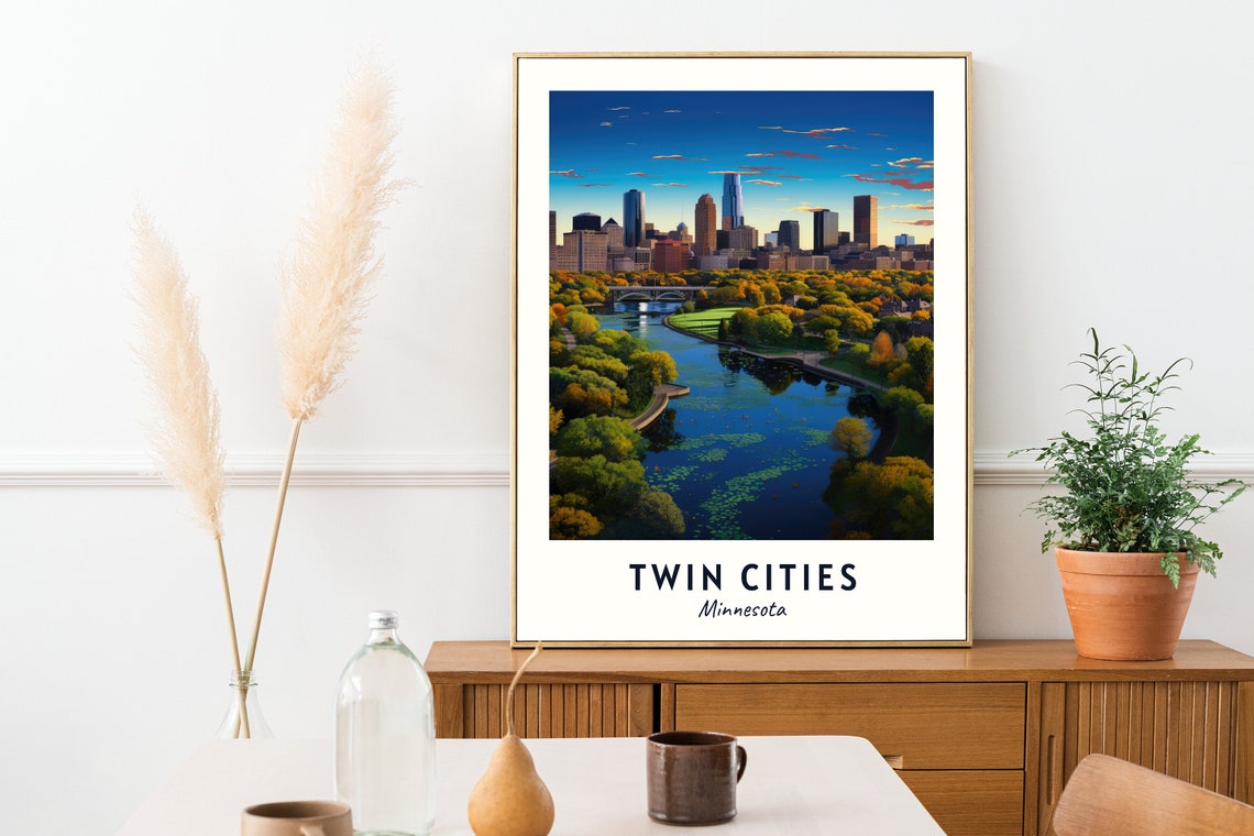 Twin Cities Minnesota Skyline River Park Sunset Travel Poster - Image 2