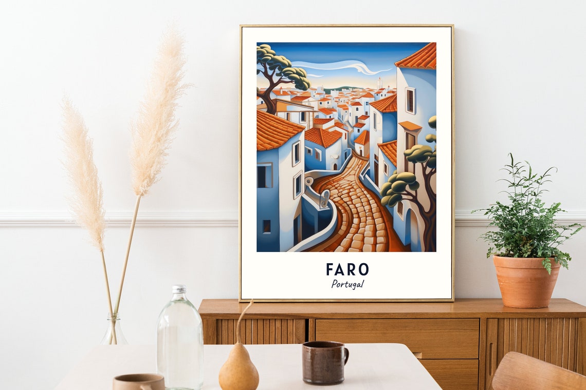 Faro Portugal Cobblestone Old Town Street Travel Poster Artwork - Image 2