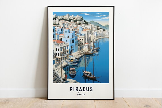 Whitewashed Harbor Town with Fishing Boats Piraeus Greece Poster