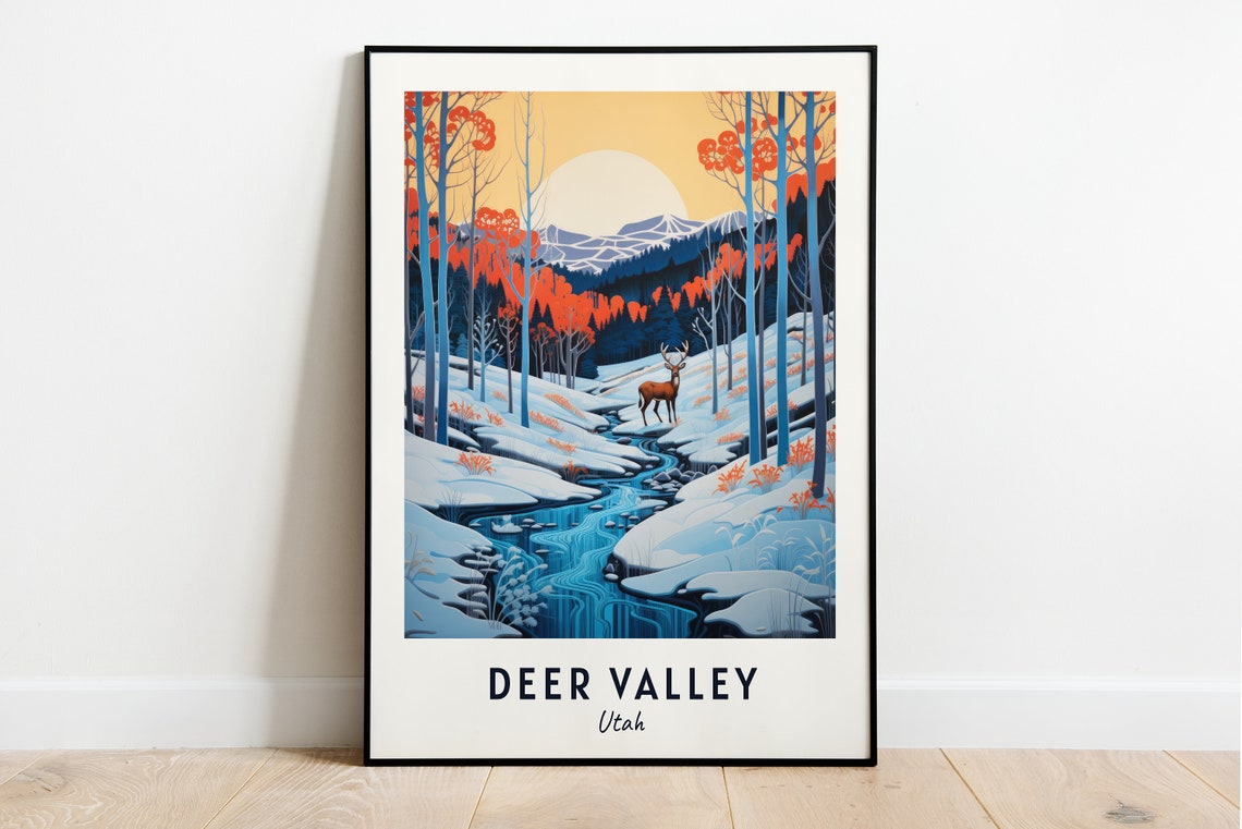Deer Valley Utah Stag By A Snowy Stream In Red Aspens Poster
