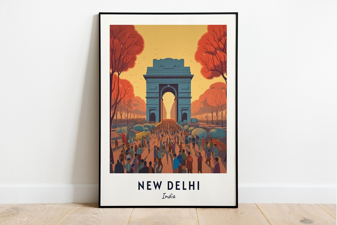 New Delhi India Gate At Sunset With Crowds Vintage Style Travel Poster