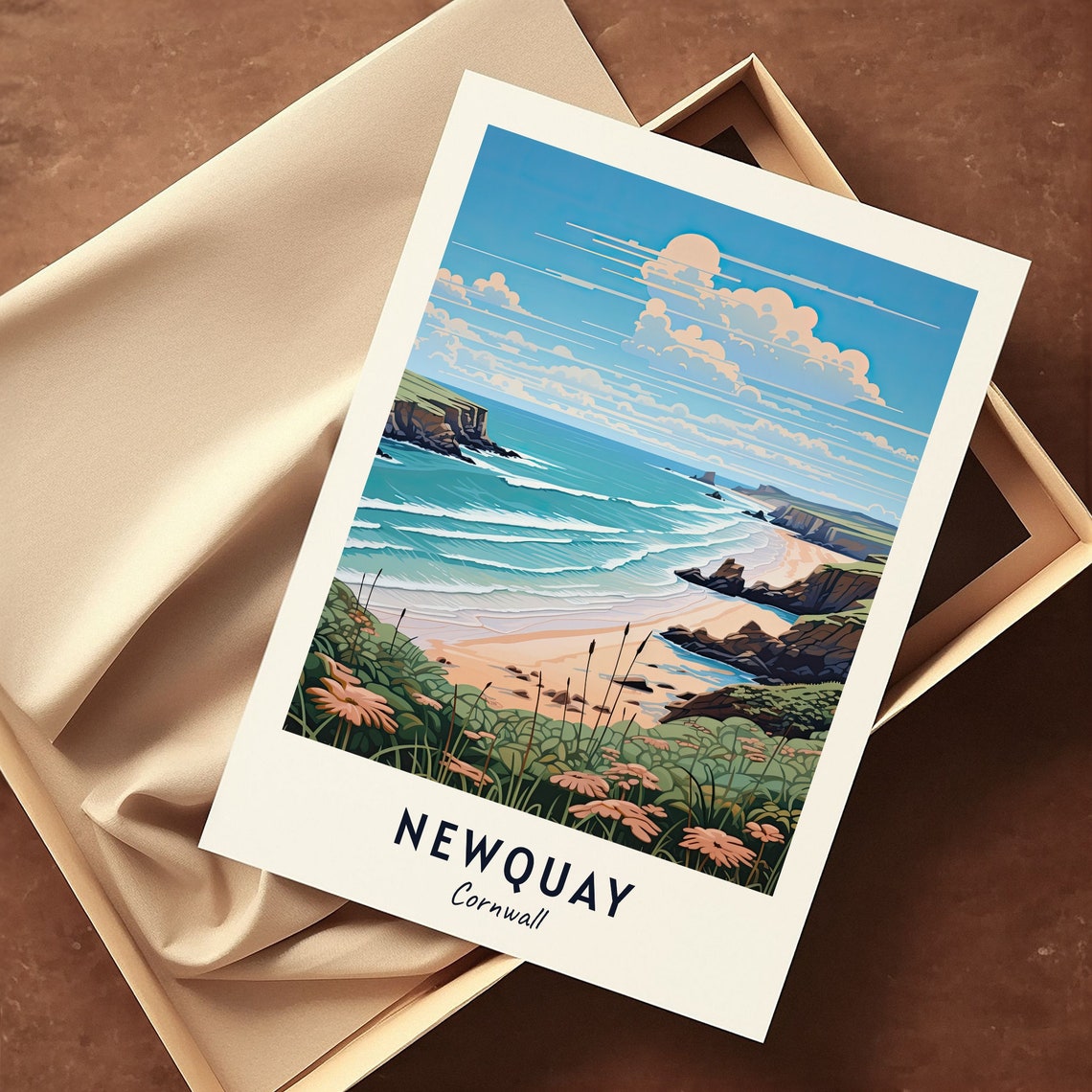 Newquay Cornwall Sandy Beach With Turquoise Waves And Cliffs Poster - Image 3