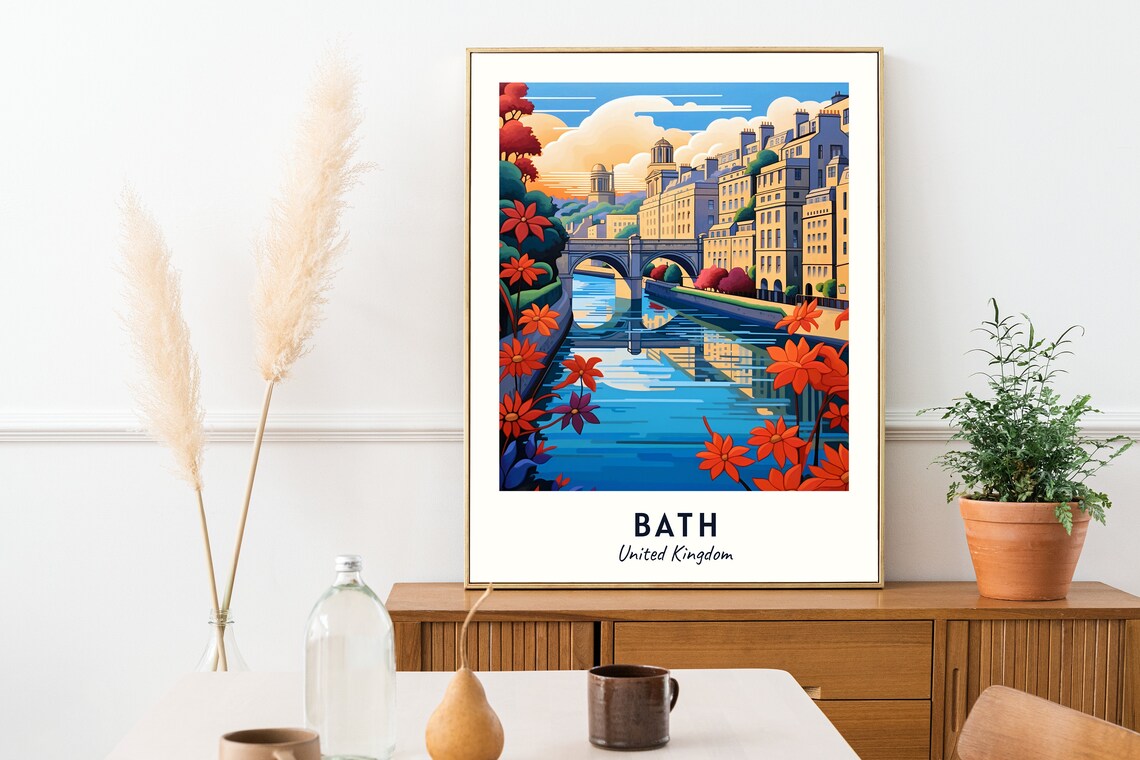 Bath United Kingdom Riverside Georgian Crescent Bridge Travel Poster - Image 2