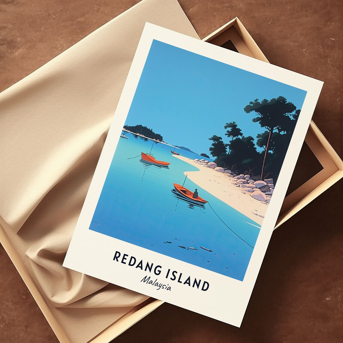 Redang Island Malaysia Minimalist Beach Red Boats Travel Poster - Image 3
