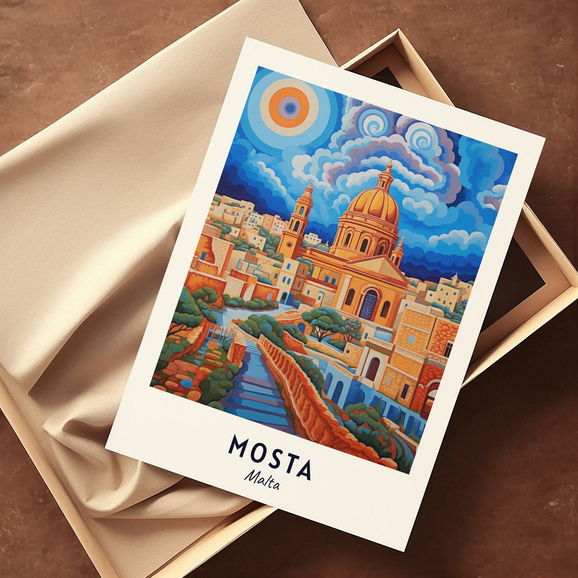 Mosta Malta Historic Dome Church Golden Sunset Skyline Travel Poster - Image 3