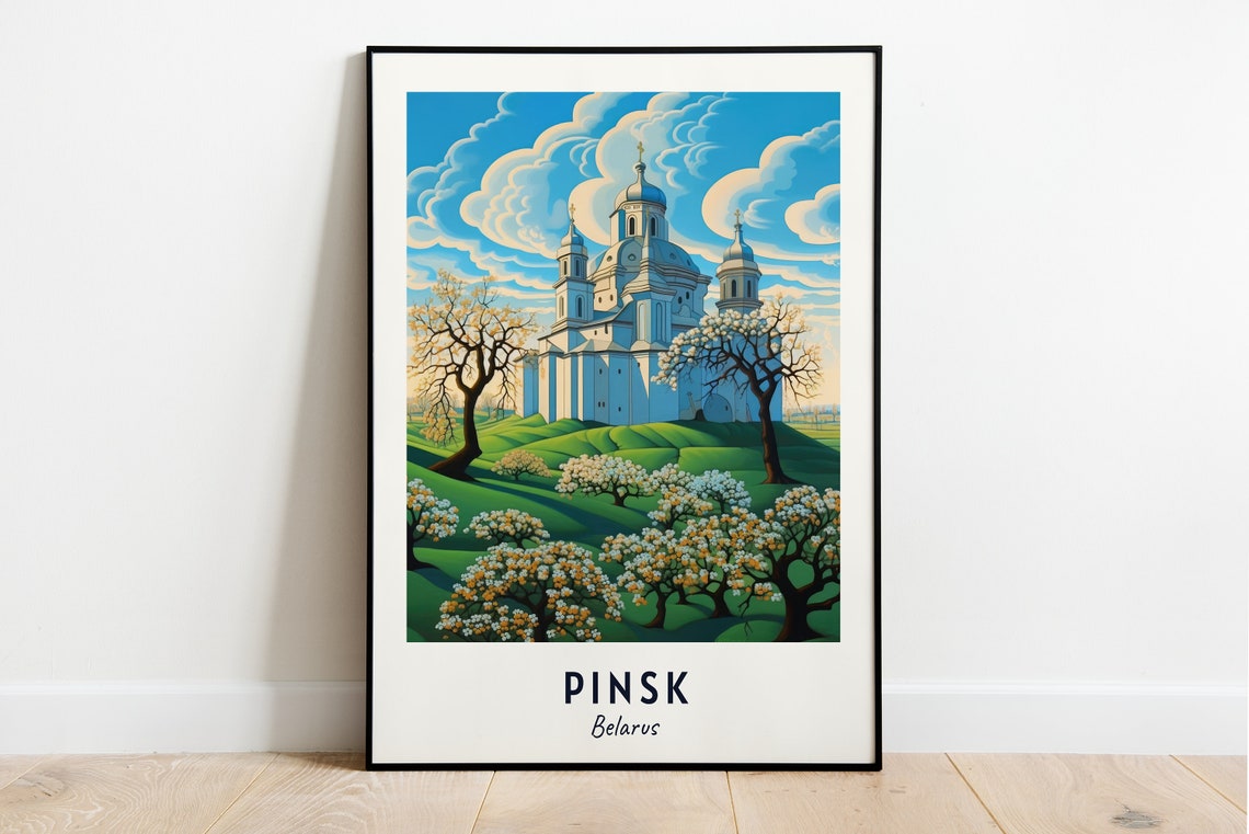 Pinsk Belarus White Domed Cathedral Above Blossoming Trees Poster