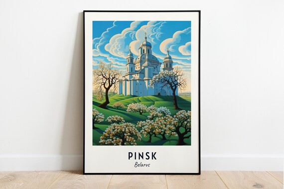 Pinsk Belarus White Domed Cathedral Above Blossoming Trees Poster