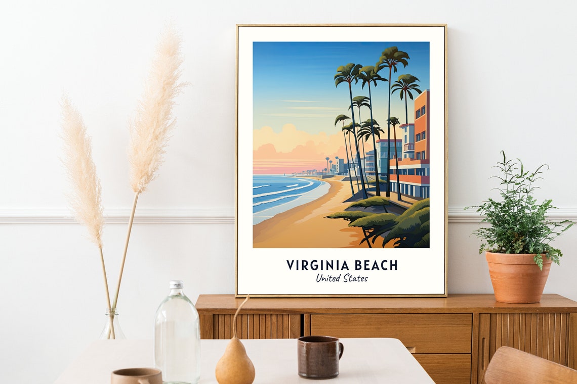 Virginia Beach Palm Trees Sunrise Sandy Shore Ocean Boardwalk Poster - Image 2