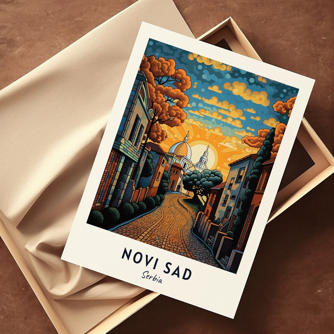 Novi Sad Cobblestone Street Sunrise Domed Church Travel Poster - Image 3
