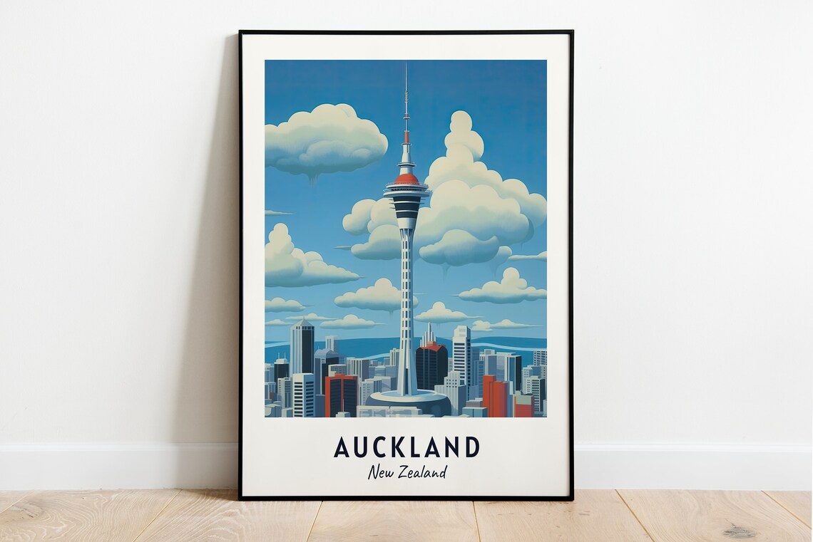 Auckland New Zealand Sky Tower Over The City Skyline Travel Poster