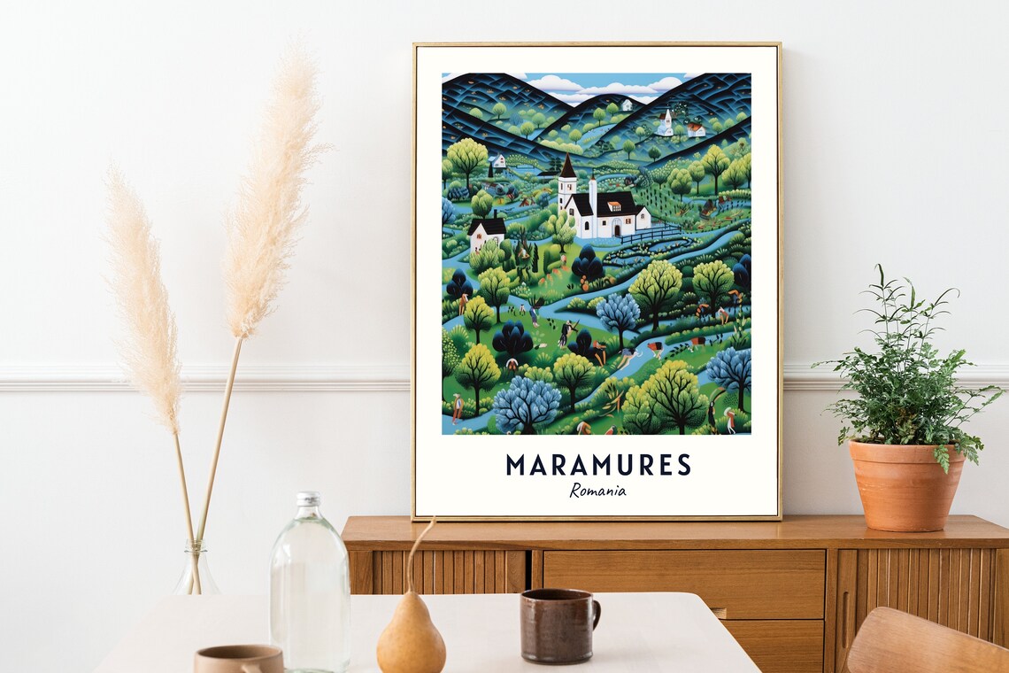 Maramures Green Valley Village with Wooden Church in Romania Poster - Image 2