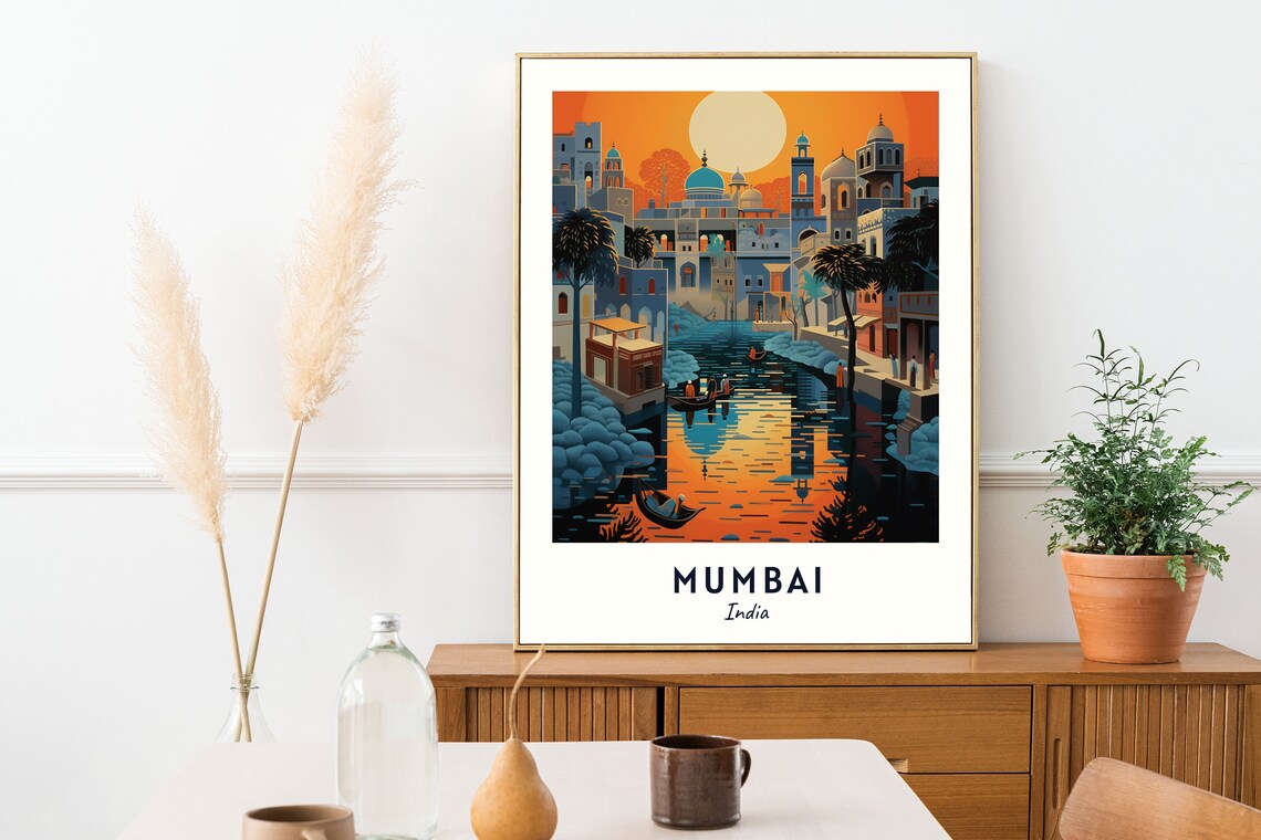 Mumbai India Sunset River Boats Palms Orange Sky Travel Poster - Image 2
