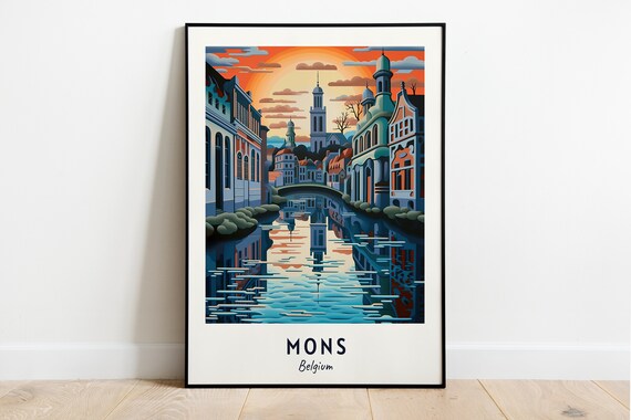 Golden Canal Reflections at Sunset in Mons Belgium Travel Poster