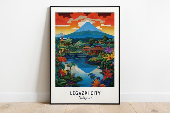 Legazpi City Philippines Mayon Volcano Lake Reflection Travel Poster
