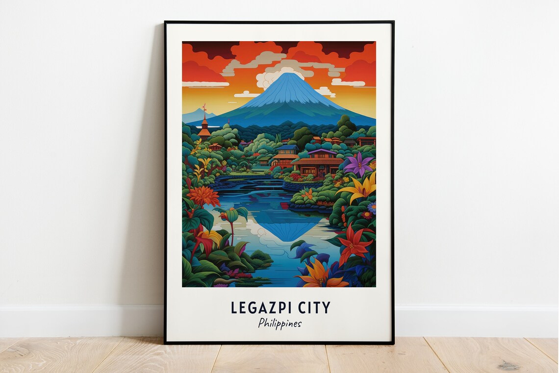 Legazpi City Philippines Mayon Volcano Lake Reflection Travel Poster