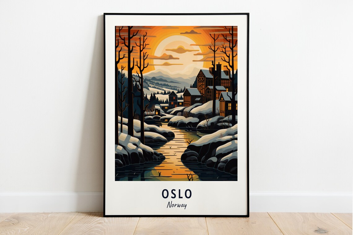 Oslo Winter River Village Sunset Snowy Riverbanks Travel Poster