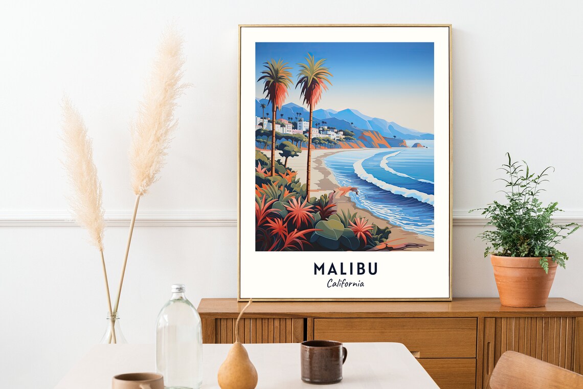 Malibu California Beach Palm Trees Cove Ocean Surf Travel Poster - Image 2