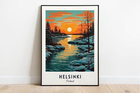 Helsinki Finland Snowy Winter Lake Sunset Scenic Travel Poster