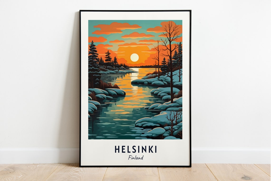 Helsinki Finland Snowy Winter Lake Sunset Scenic Travel Poster