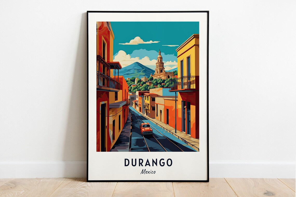 Durango Mexico Colonial Street Church Dome Vintage Car Poster