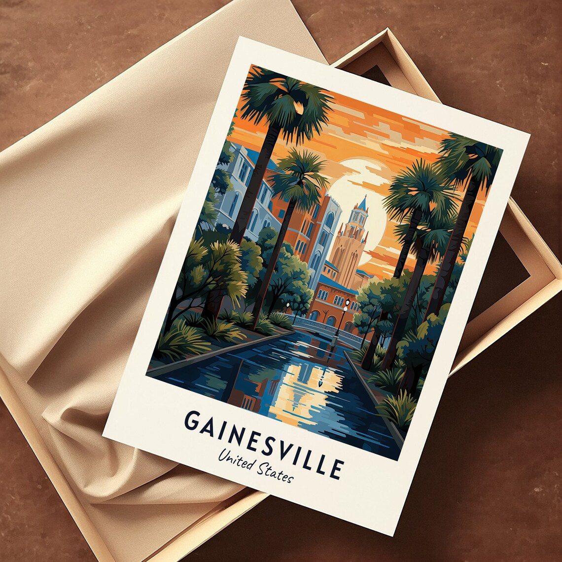 Gainesville United States Palm Canal Sunset With Clock Tower Poster - Image 3