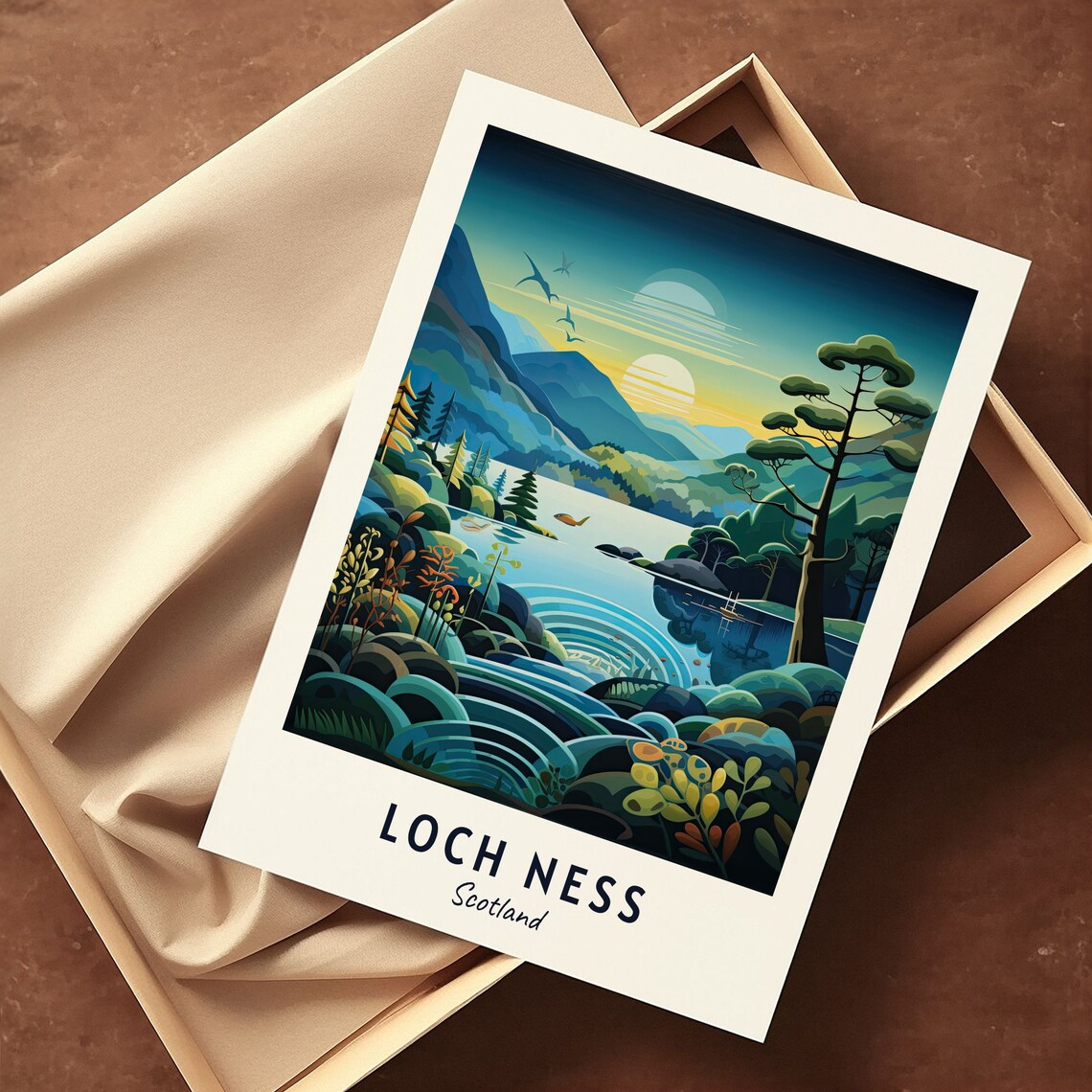 Loch Ness Scotland Sunrise Pine Forests Misty Hills Travel Poster - Image 3