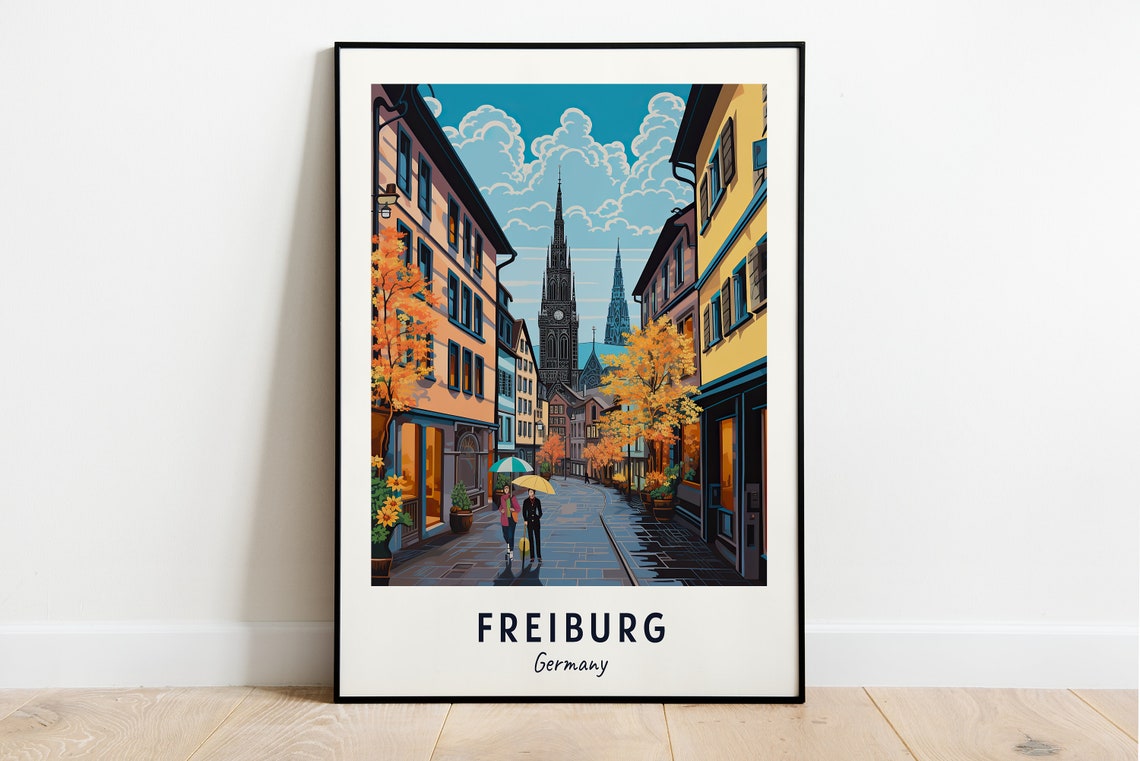 Freiburg Germany Gothic Minster Autumn Cobblestone Street Poster