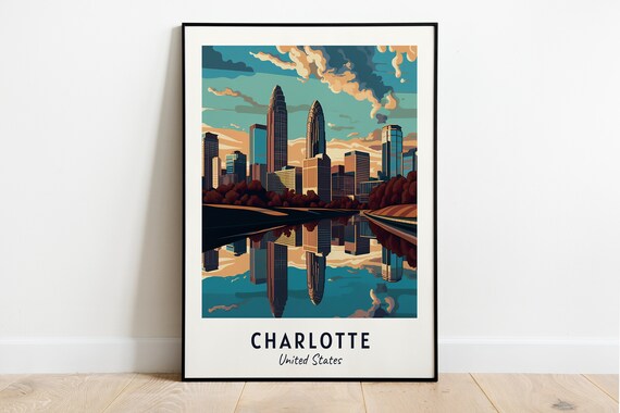 Charlotte North Carolina Skyline Reflected At Dusk Travel Poster