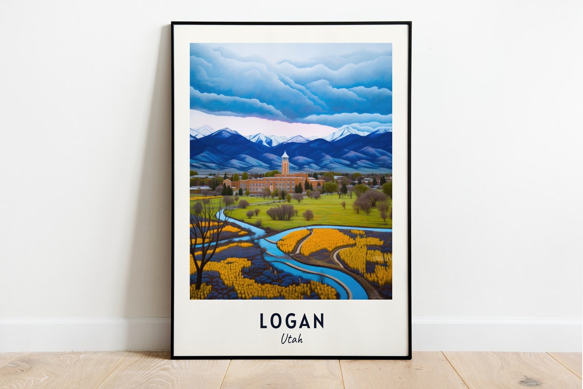 Logan Utah River Valley Winding Beneath Snowy Peaks Travel Poster