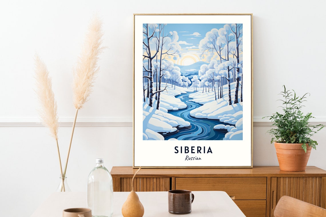 Siberia Snowy Birch Forest Winding River Russia Travel Poster - Image 2