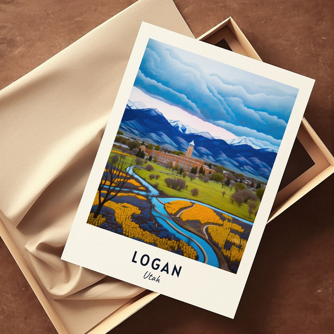 Logan Utah River Valley Winding Beneath Snowy Peaks Travel Poster - Image 3