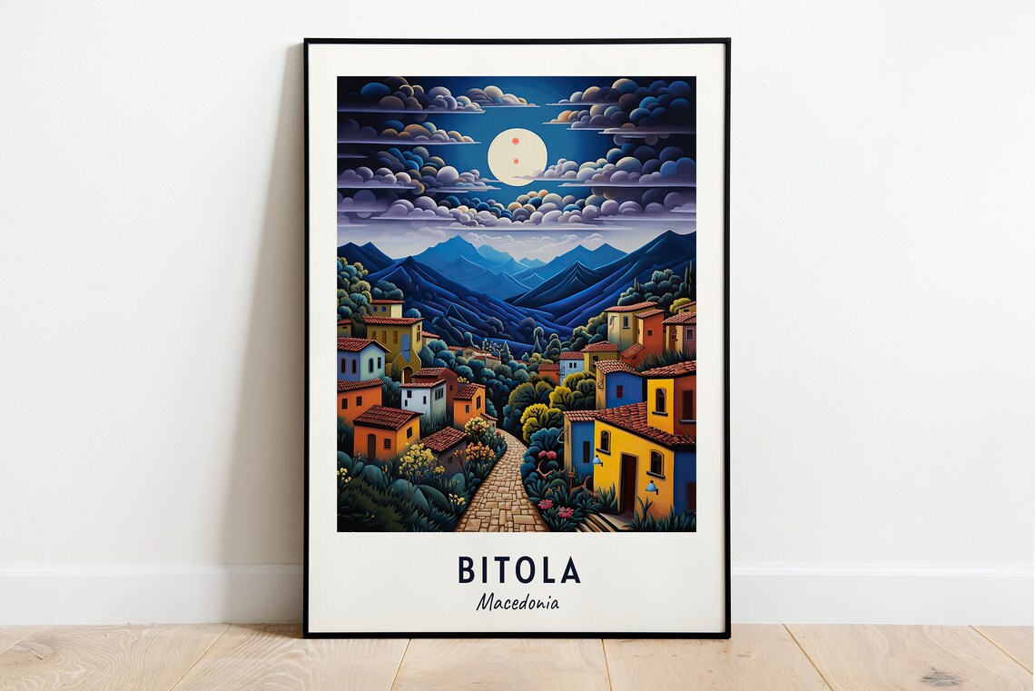Bitola Macedonia Moonlit Mountain Village Night Folk Art Travel Poster