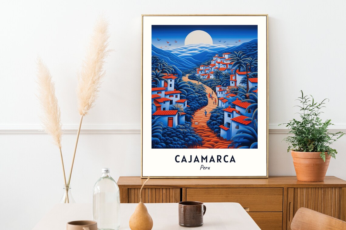 Cajamarca Peru Moonlit Village Full Moon Blue Mountains Travel Poster - Image 2